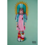 Surrealist canvas — rabbit in pink dress, teal helmet with sun halo, colorful striped socks