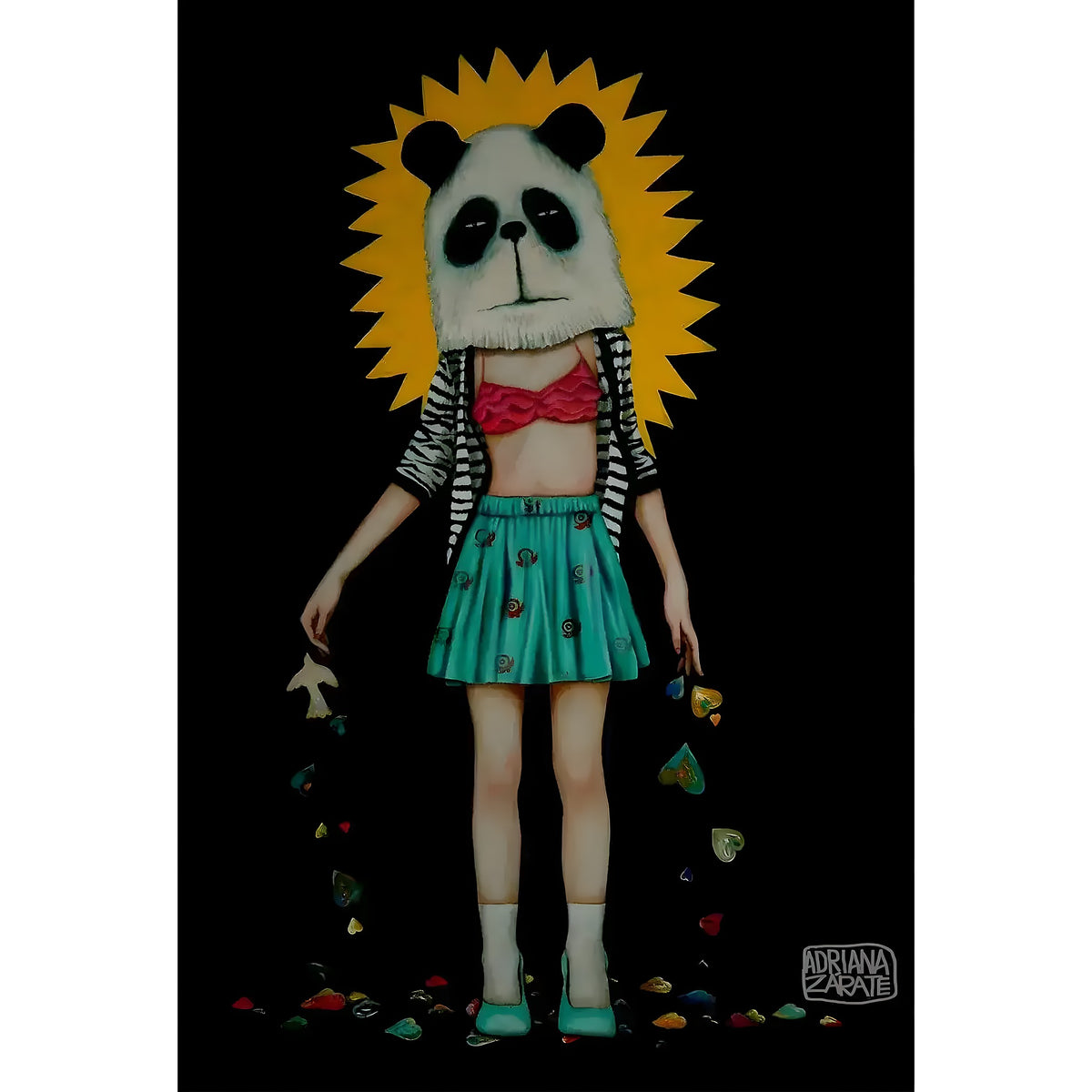 Panda con Corazones wall art — figure in teal skirt with panda head, yellow sun halo, scattering hearts