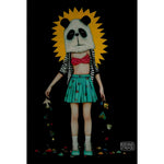 Panda con Corazones wall art — figure in teal skirt with panda head, yellow sun halo, scattering hearts