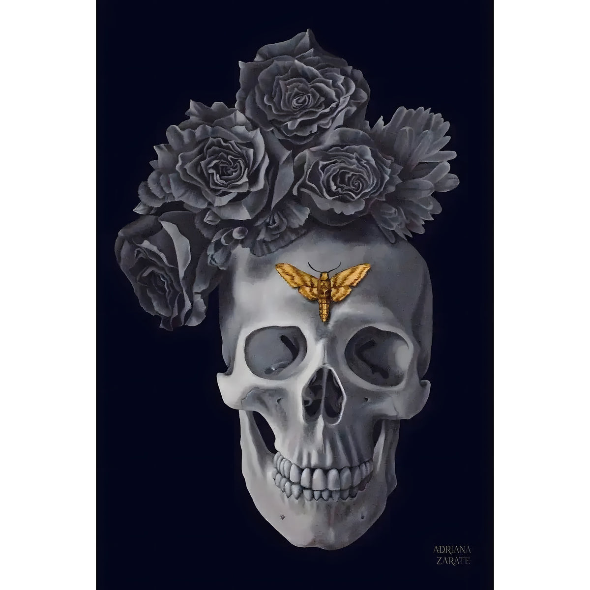Vanitas 2 wall art — skull crowned with grey roses and gold moth on forehead, deep navy background