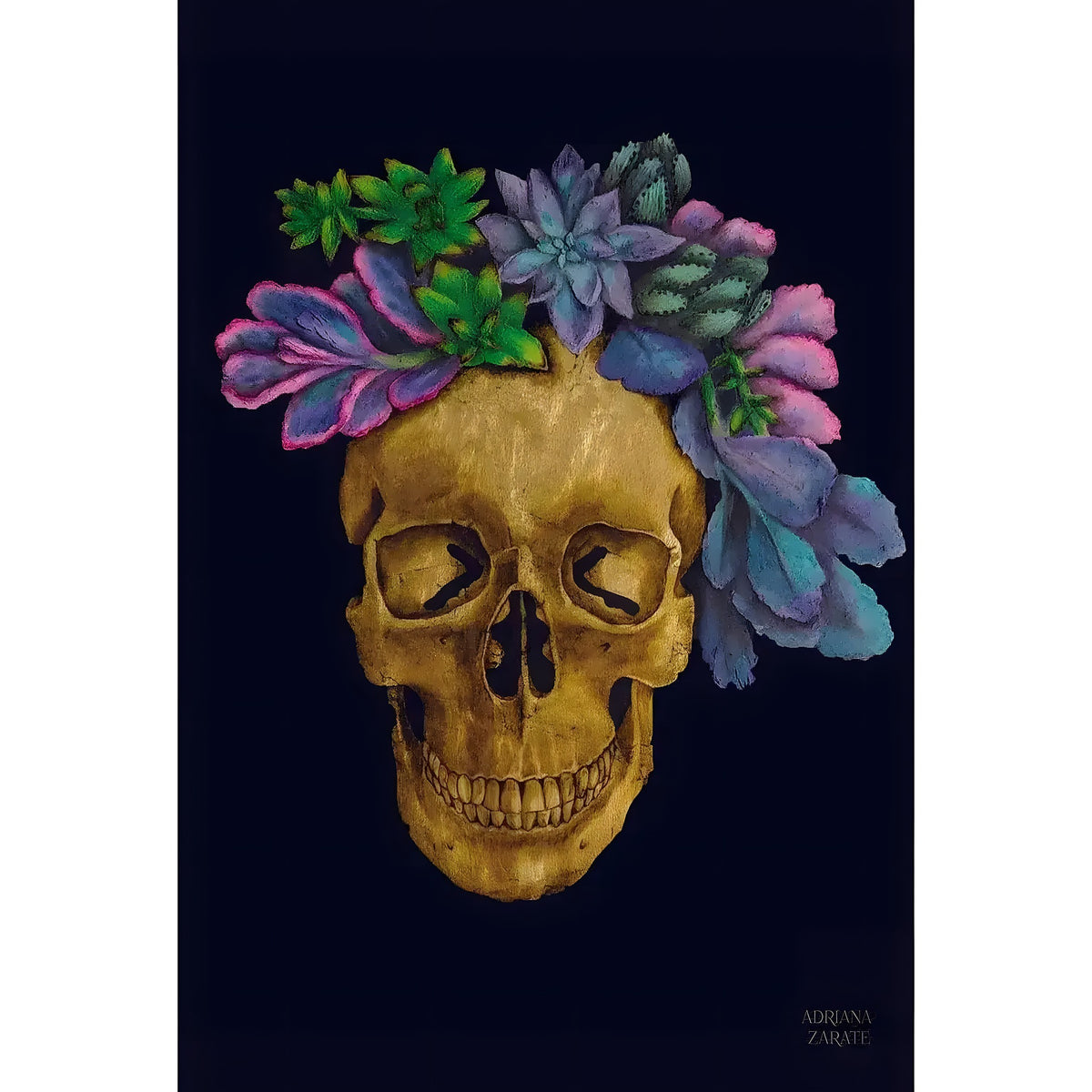 Vanitas 3 Colorful Floral Decorated Skull Wall Art — gold skull crowned with colorful succulents on dark navy