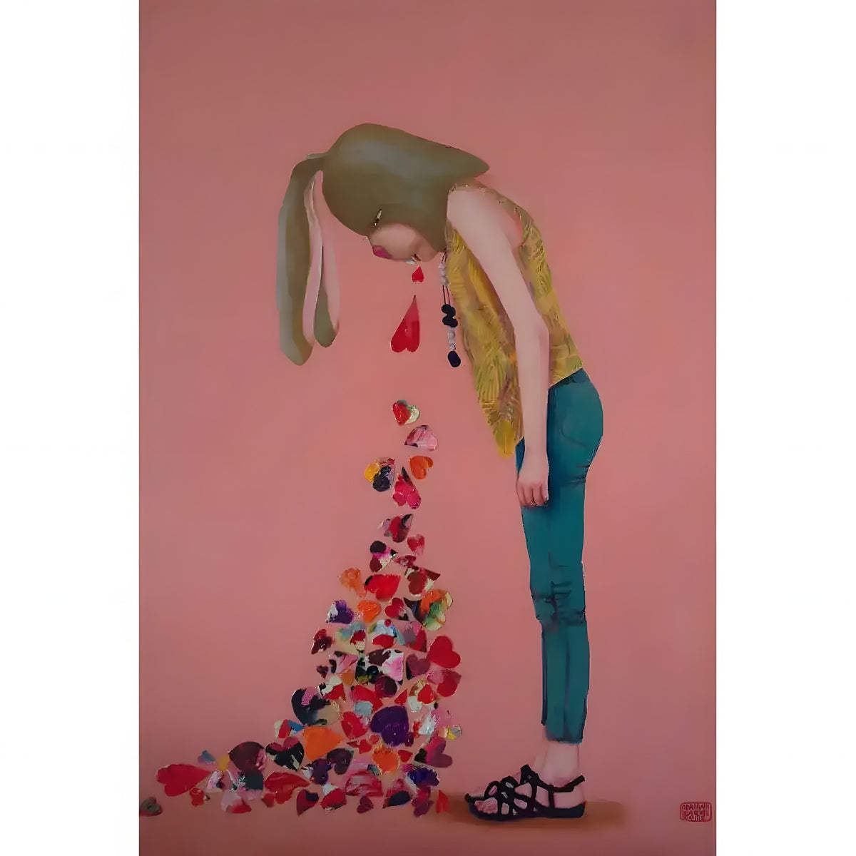 Vomintando Corazones surrealist wall art — rabbit-headed figure spilling colorful heart cascade