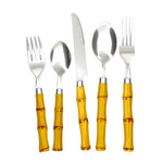 Bamboo silverware set of 5 pcs — 2 forks, 2 spoons, 1 knife with bamboo-textured handles, white background