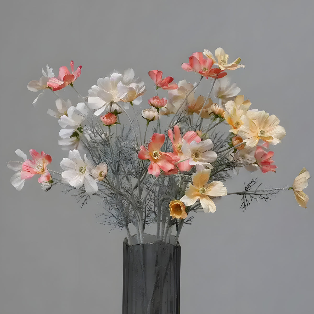 Mixed pink, white, and cream daisy chrysanthemums in a dark glass vase, gray background