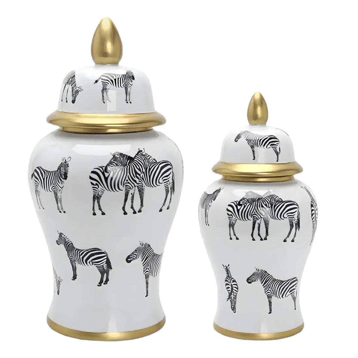 Two zebra ceramic ginger jars in large and small sizes, white with black zebra print and gold trim, gold finial lids