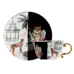 Chinoiserie tiger mug and saucer with split black-white design showing tiger leopard and pagoda gold handle