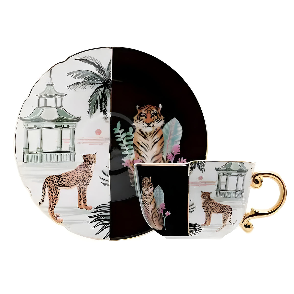 Chinoiserie tiger mug and saucer with split black-white design showing tiger leopard and pagoda gold handle
