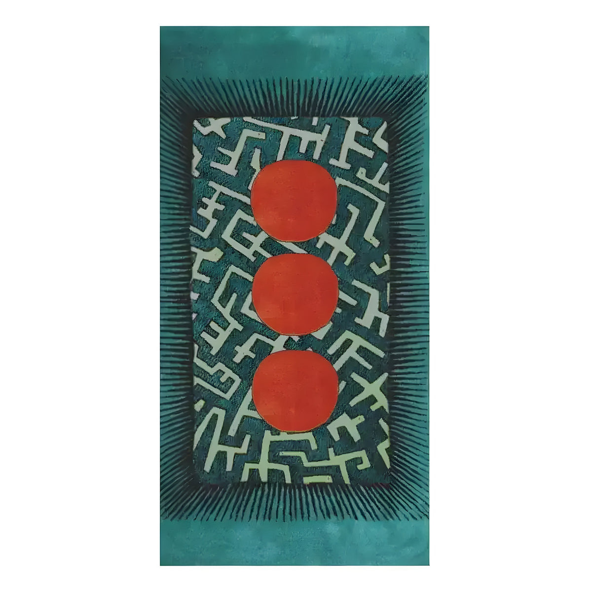 Modern Oriental Maze Bath Towel flat — teal border, dark teal geometric maze center, three orange circles vertically