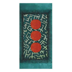 Modern Oriental Maze Bath Towel flat — teal border, dark teal geometric maze center, three orange circles vertically