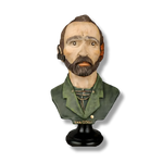 Van Gogh bust sculpture, hand-painted resin, bearded figure in green jacket with bandaged ear, on black round base