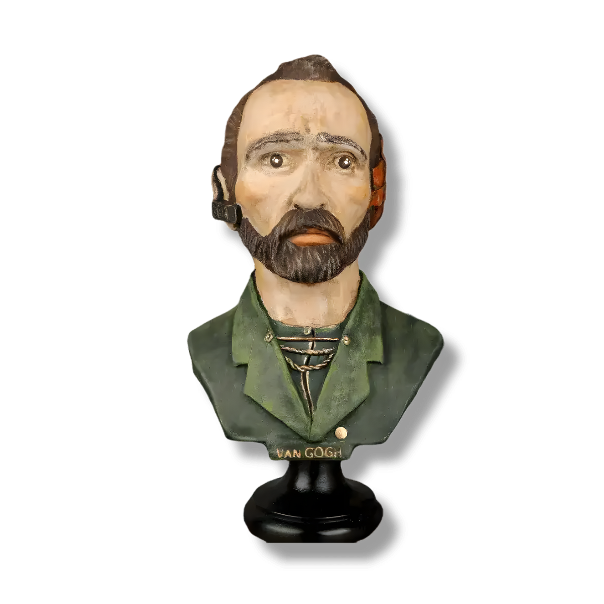 Van Gogh bust sculpture, hand-painted resin, bearded figure in green jacket with bandaged ear, on black round base