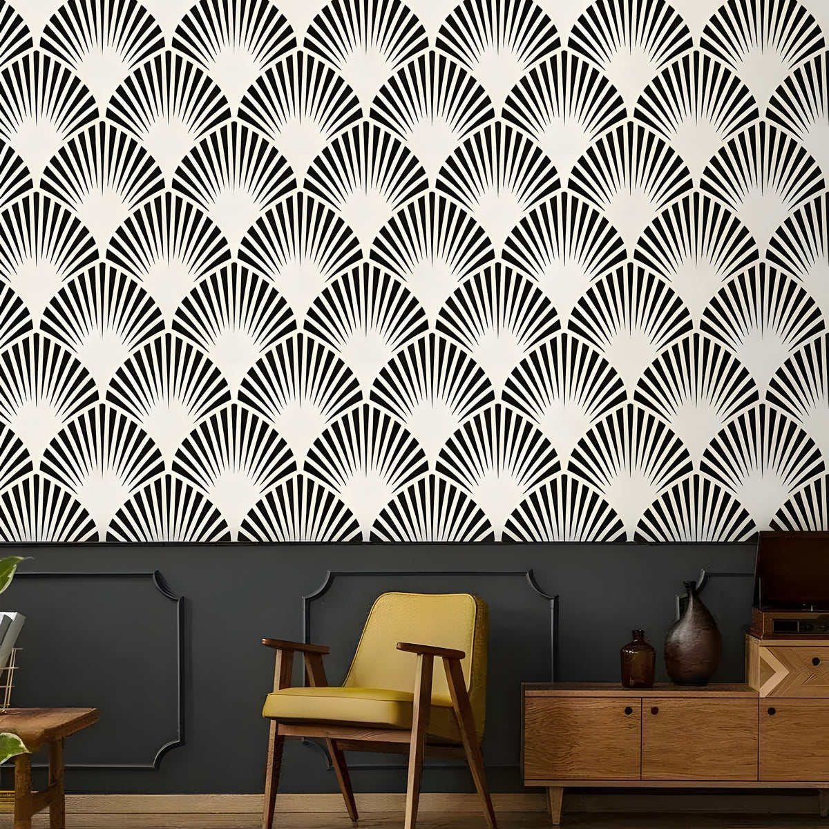 Art Deco oversized fans wallpaper in black and white, living room with mustard armchair and wood sideboard