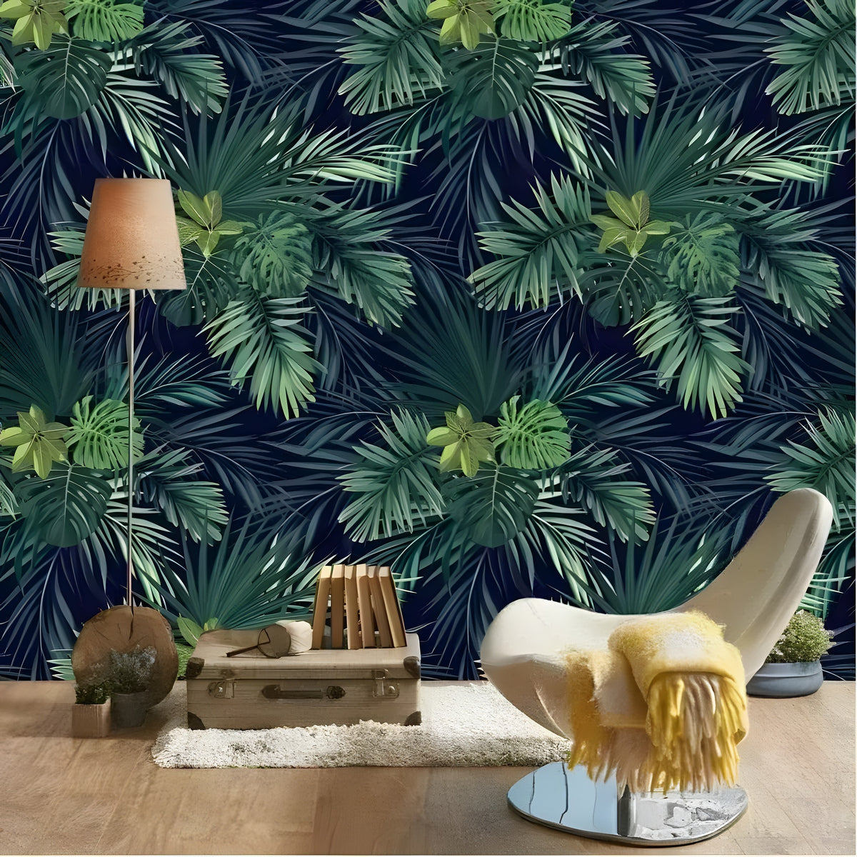 Dark Green Exotic Tropical Leaves wallpaper in a room with tan floor lamp, suitcase, and white lounge chair