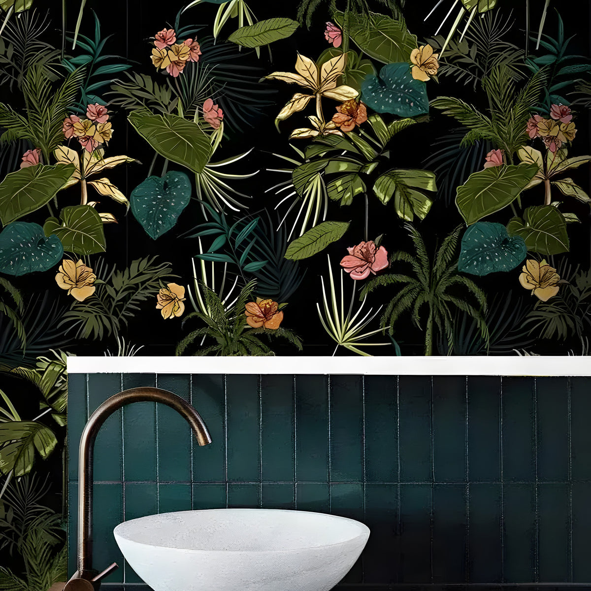 Green and black Hawaiian tropical floral wallpaper above dark teal subway tiles in a moody bathroom with a marble vessel sink and copper faucet