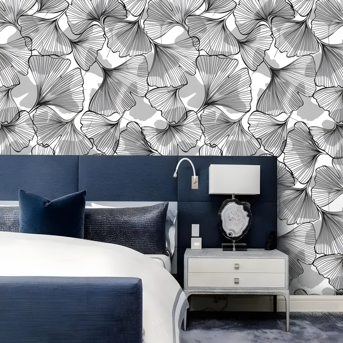 Black and White Ginkgo Leaves botanical wallpaper in bedroom, overlapping fan-shaped leaves in monochrome line art