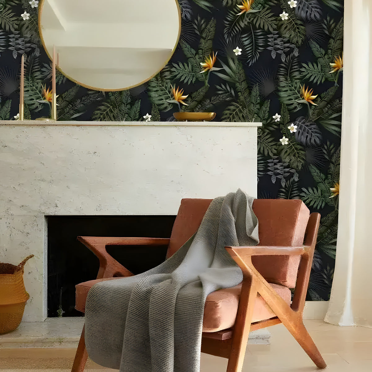 Dark Hawaiian Ferns wallpaper in a living room — navy ground with tropical ferns and bird-of-paradise flowers, marble fireplace