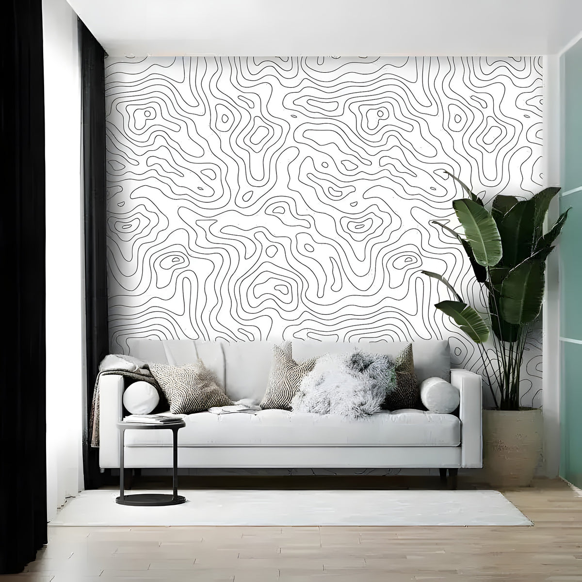 Minimalist Abstract Lines mural in a living room — white ground with flowing grey contour lines, white sofa, tropical plant
