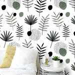 Botanical Herbs and Ferns minimalist wallpaper in bedroom with mustard bolster pillow, white round table