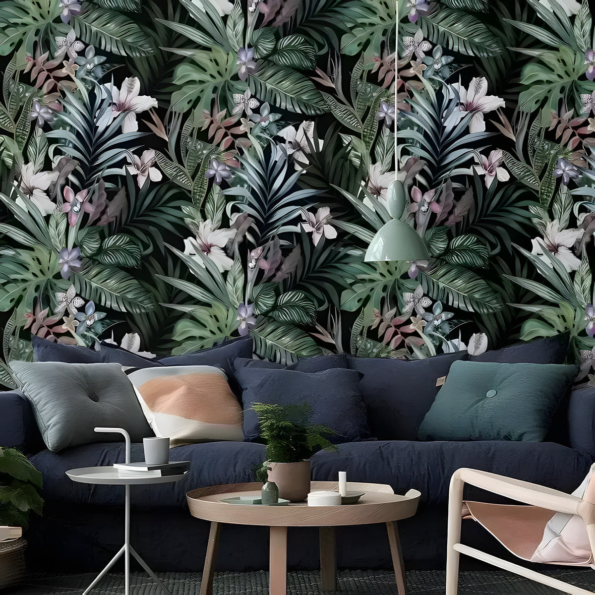 Dark tropical floral wallpaper with lush monstera leaves and pale blossoms behind navy velvet sofa