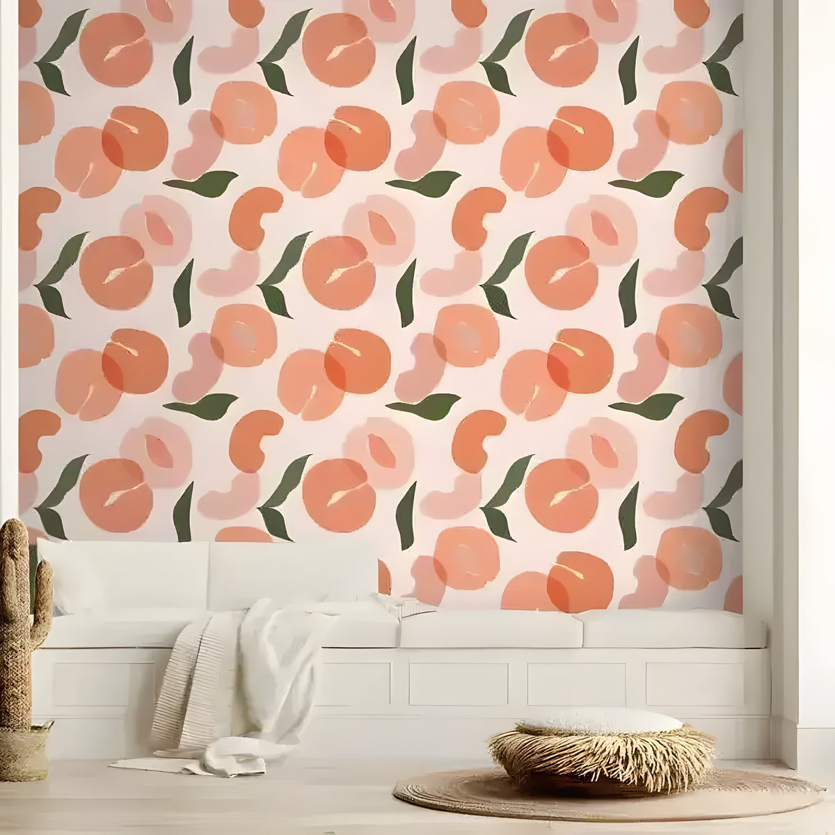 Illustrated peach fruit wallpaper in boho bedroom with cactus plant and rattan floor cushion