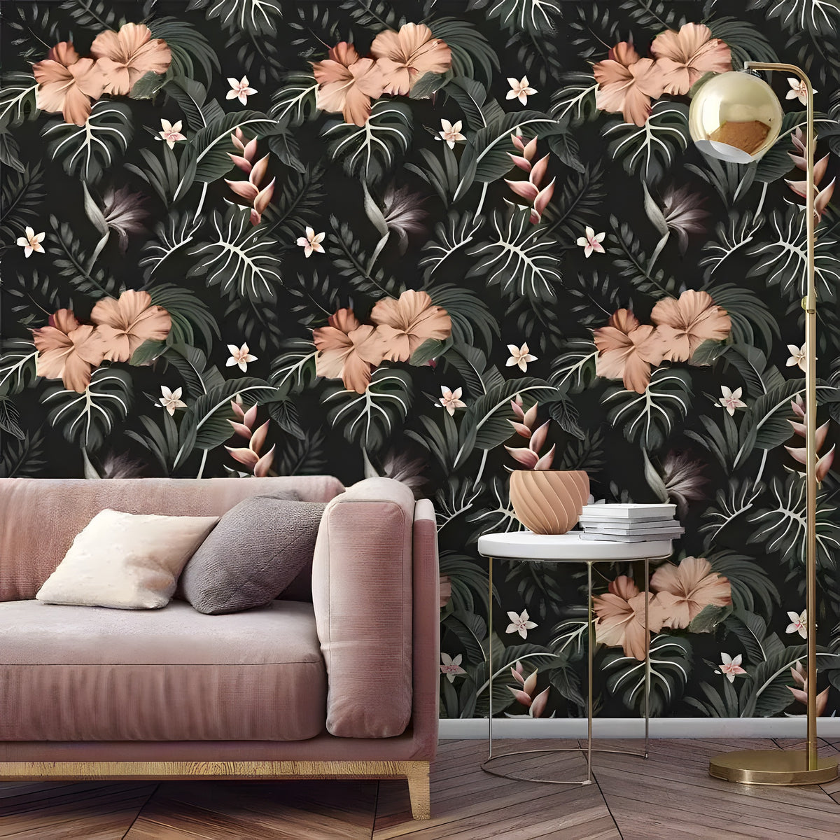 Dark tropical morning flowers wallpaper with blush hibiscus and monstera leaves, styled with a pink velvet sofa and gold floor lamp