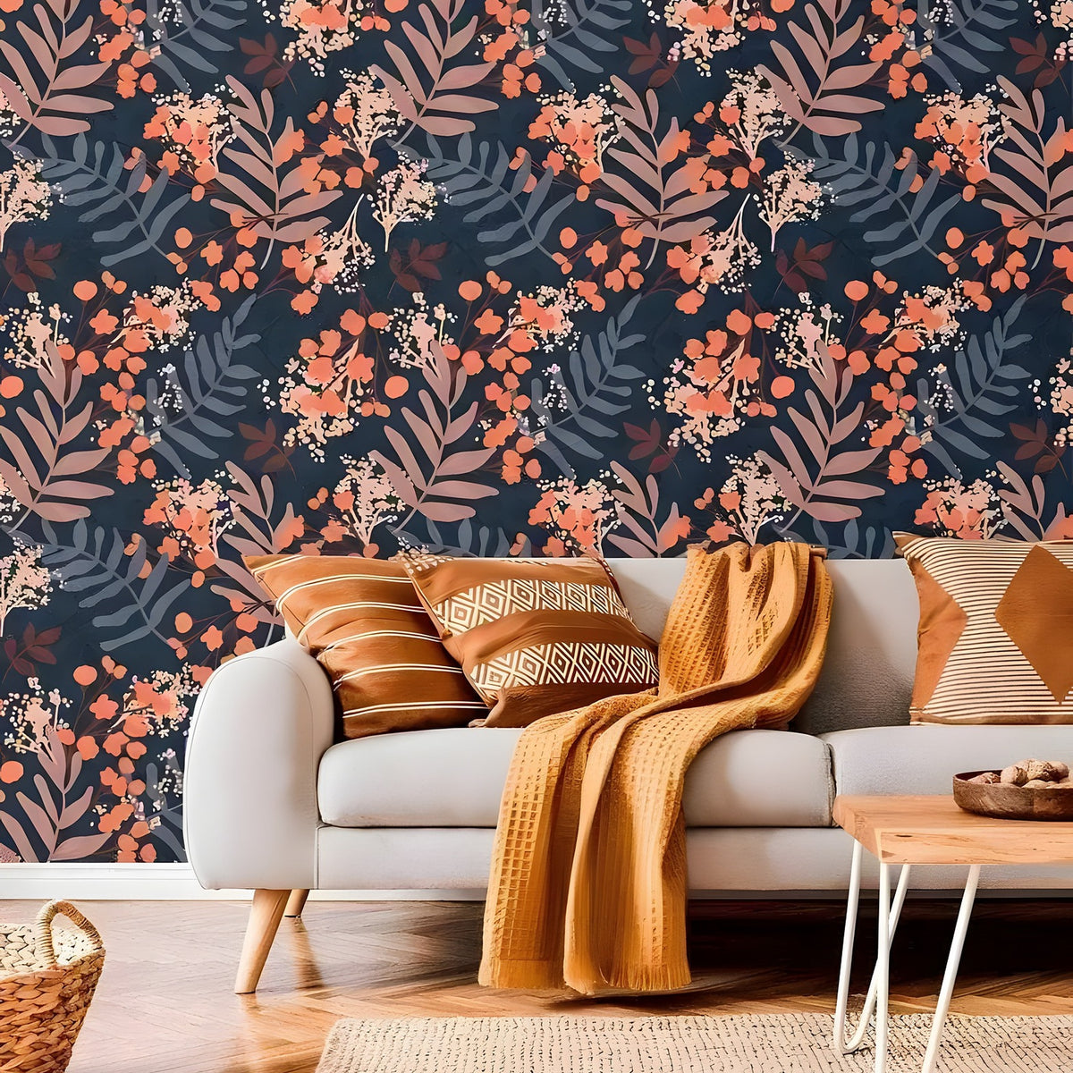 Botanical herbs and wildflowers watercolor wallpaper with rust ferns and orange berries on navy behind grey sofa with mustard cushions