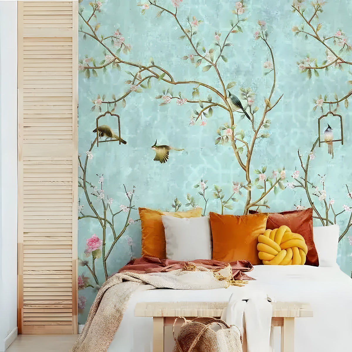Pastel green chinoiserie mural in bedroom with birds on blossom branches warm amber and rust pillows