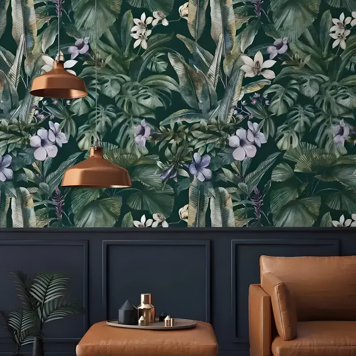 Vintage green monstera tropical wallpaper in a dark jungle living room with copper pendants and leather chair