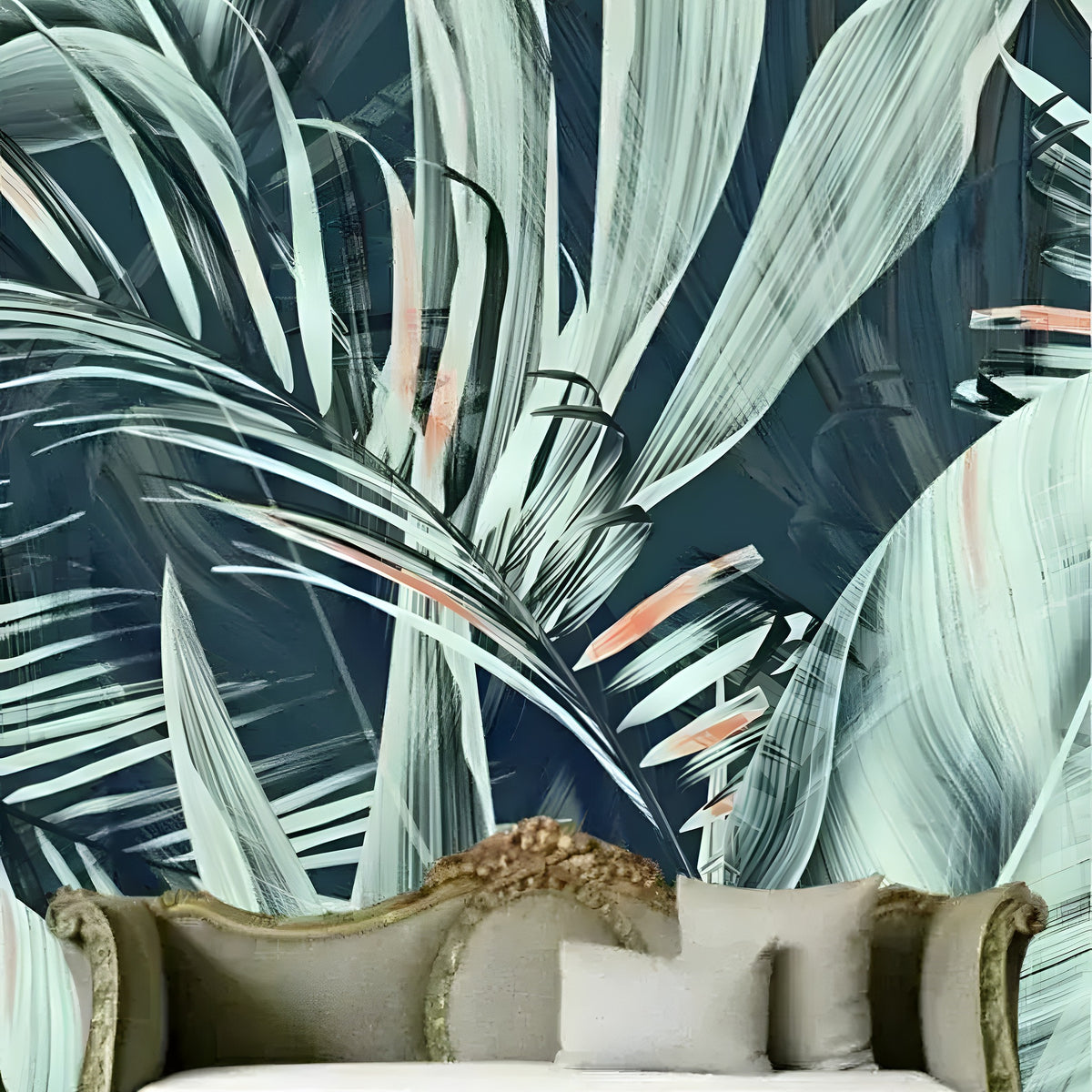 Oversized coconut and banana leaves watercolor wallpaper in blue-grey on dark navy behind ornate gold settee