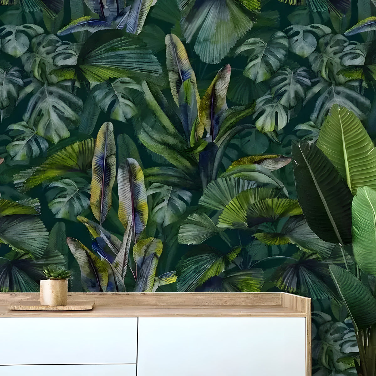 Dark green monstera and banana leaves wallpaper in hallway with wood and white credenza and small succulent