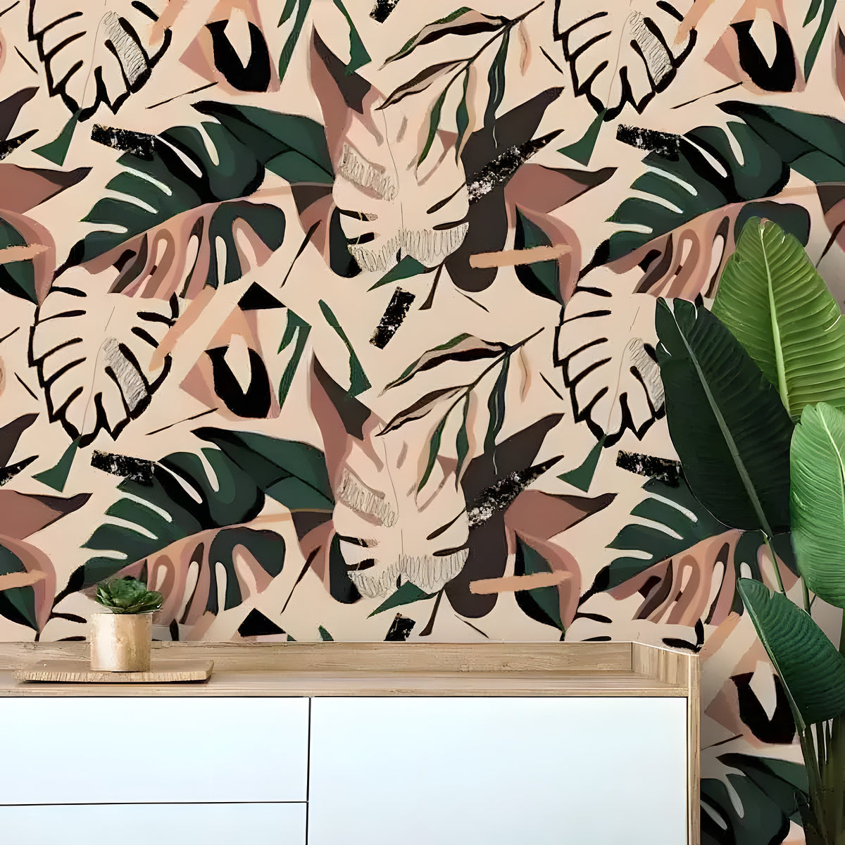 Illustrated colorful tropical monstera leaves wallpaper with white modern dresser and banana leaf plant