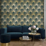 Vintage gold art deco fans wallpaper in a living room with teal velvet sofa and gold tables