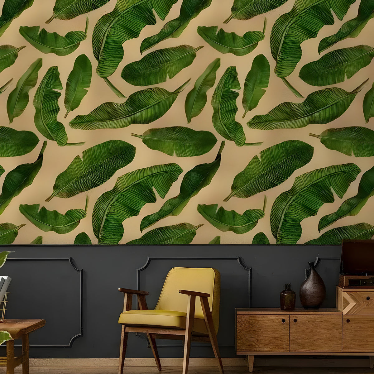 Floating green banana leaves mural on golden tan background above dark wainscoting with a yellow armchair