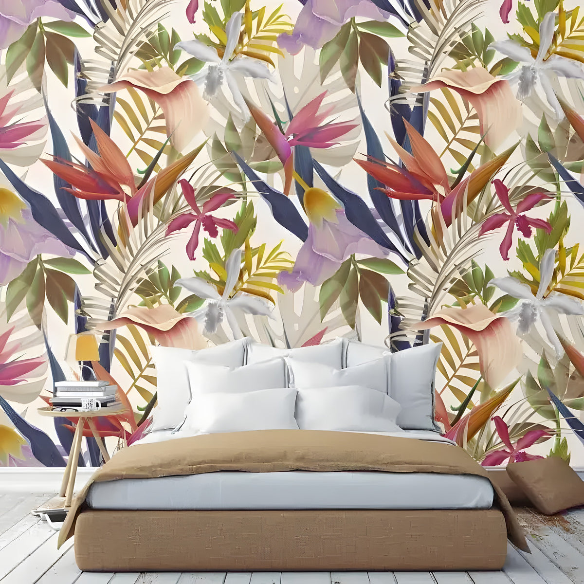Plants and flowers of tropical paradise mural as headboard wall with bird of paradise orchids and tan bed
