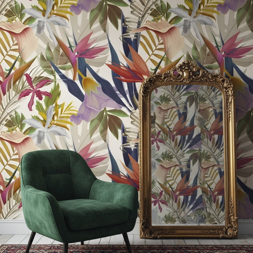 Plants and Flowers of Tropical Paradise Wallpaper Mural styled in a room setting
