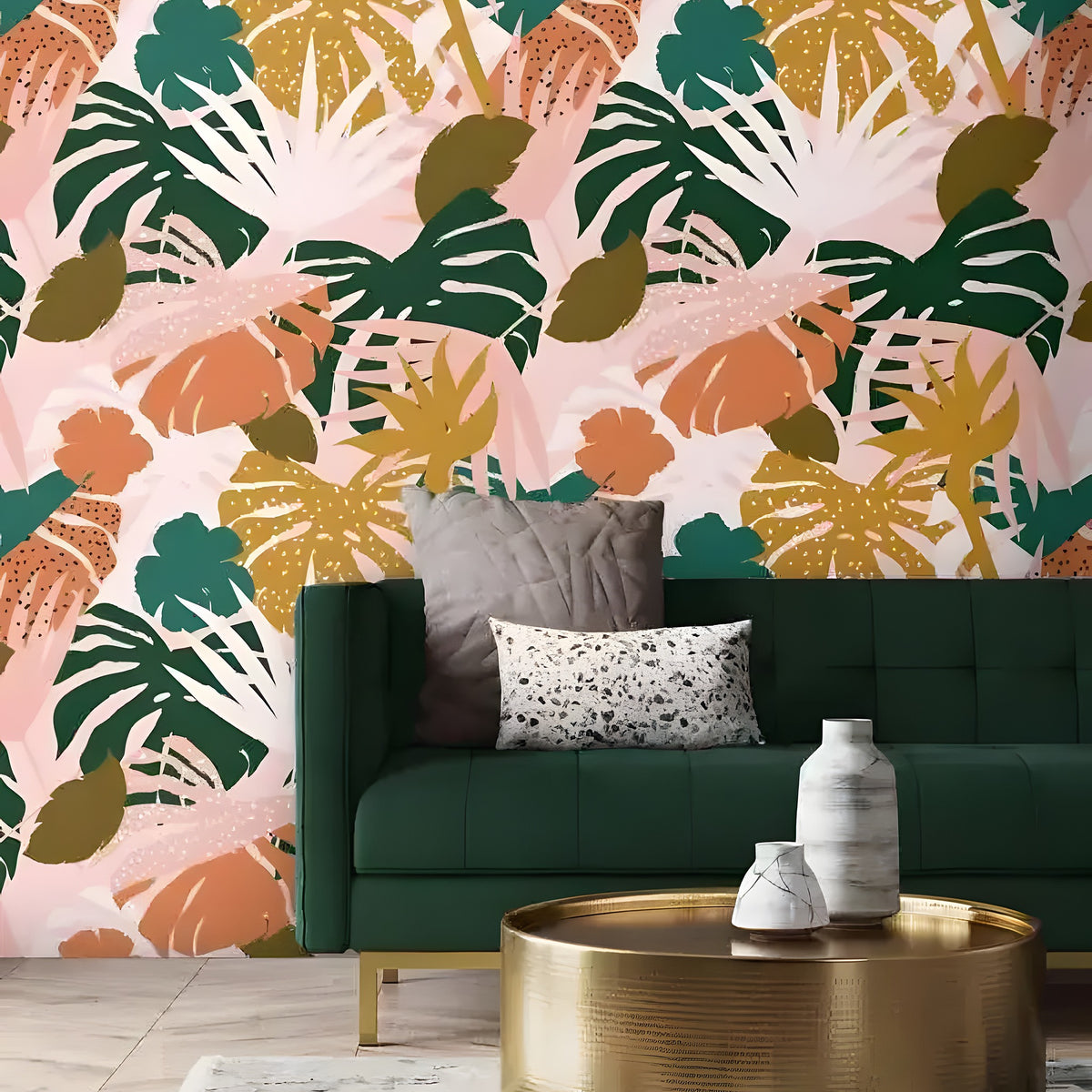 Vibrant Tropical Monstera wallpaper in a living room - blush pink with bold flat graphic leaves in forest green and terracotta, dark green sofa