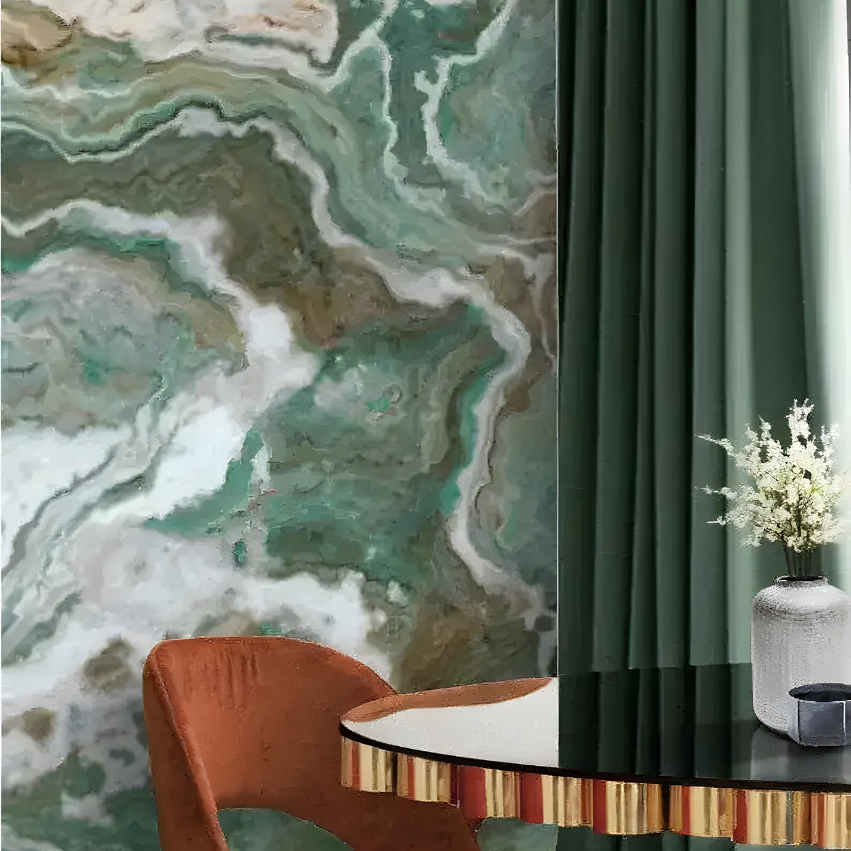 Green and white marble stone abstract art wall mural with swirling teal tones, rust velvet chair and sage curtains