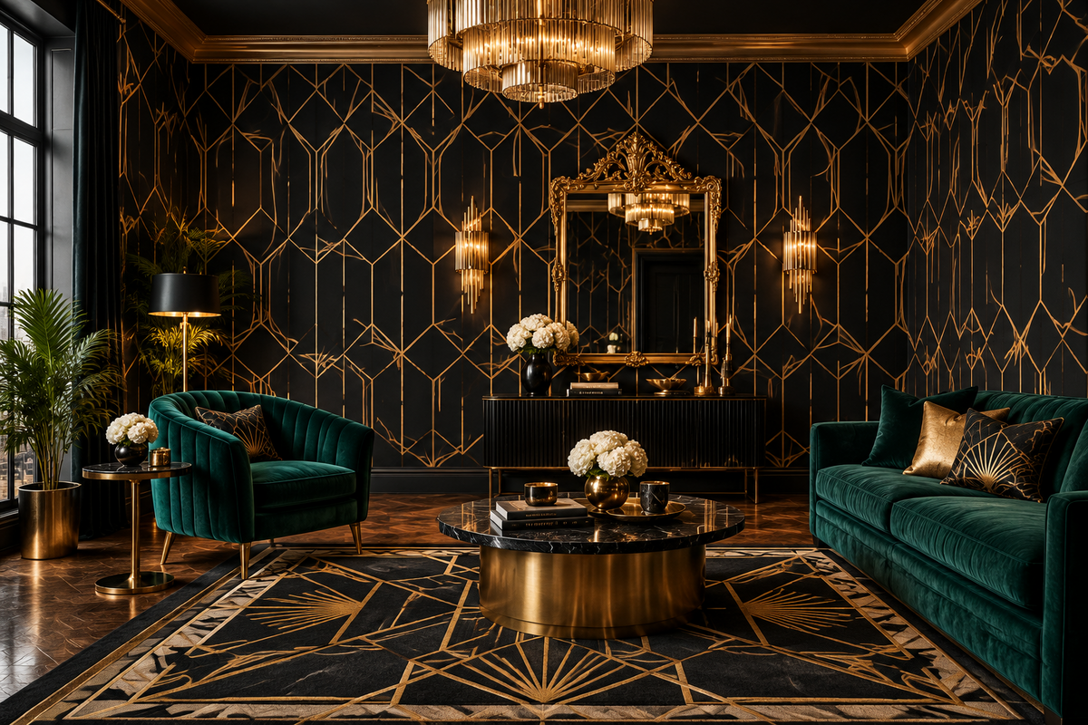 Black and Gold Art Deco Geometric Wallpaper