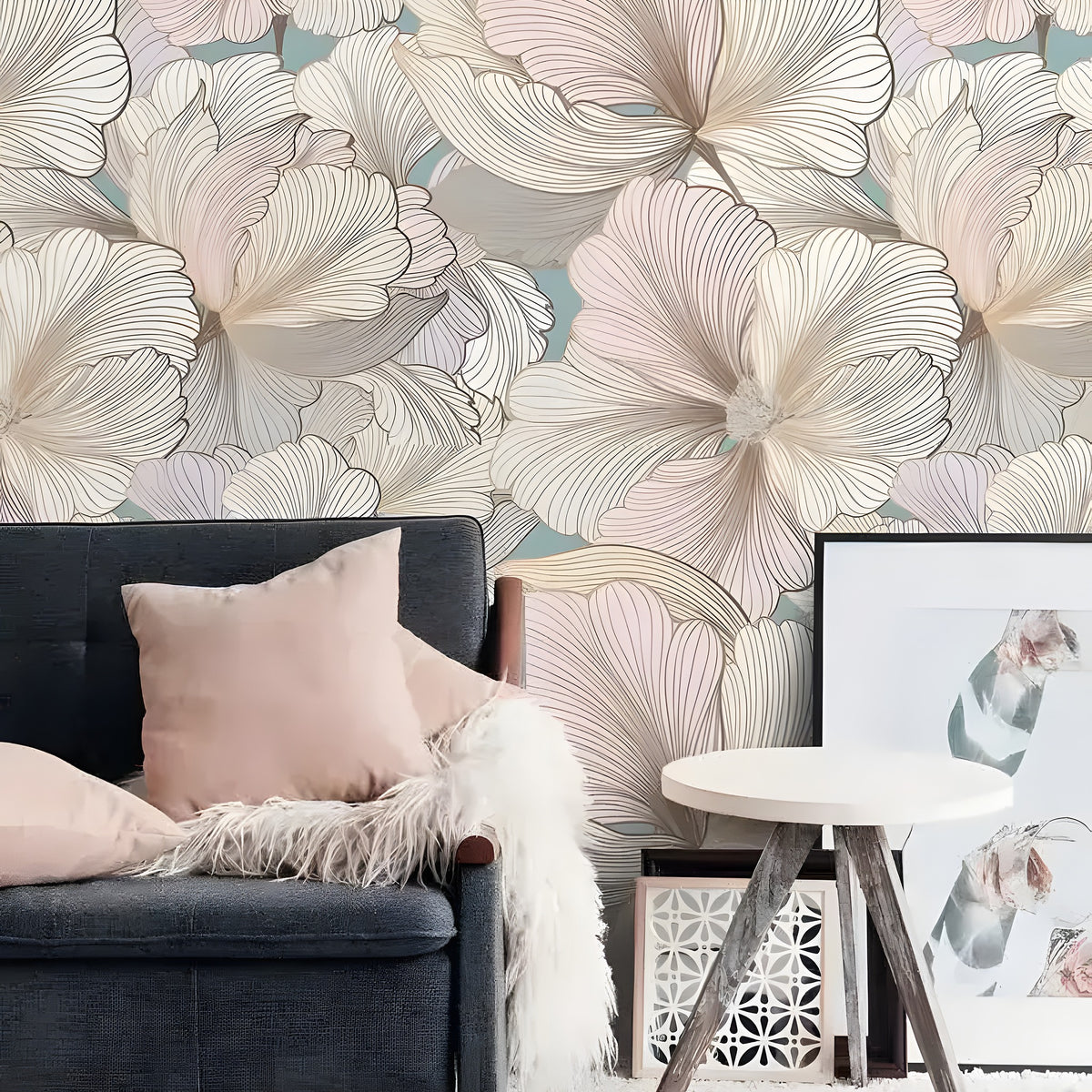 Vintage Oversized Exotic Floral wallpaper on teal, dark gray sofa with pink cushion and fluffy throw