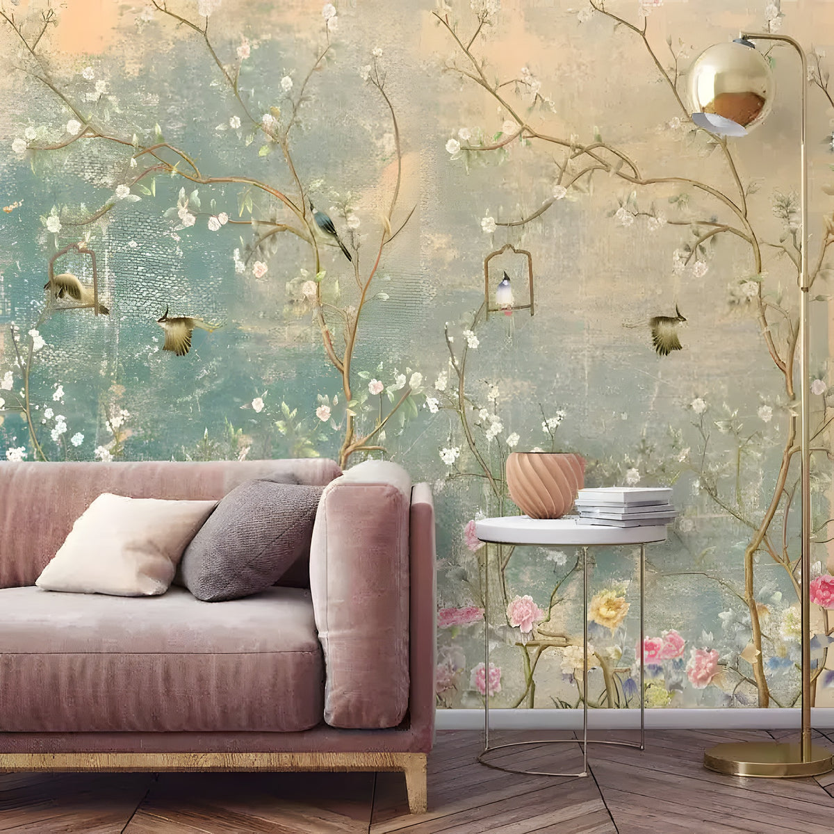 Sunset romance chinoiserie wallpaper with birds on flowering branches on teal distressed ground with blush sofa