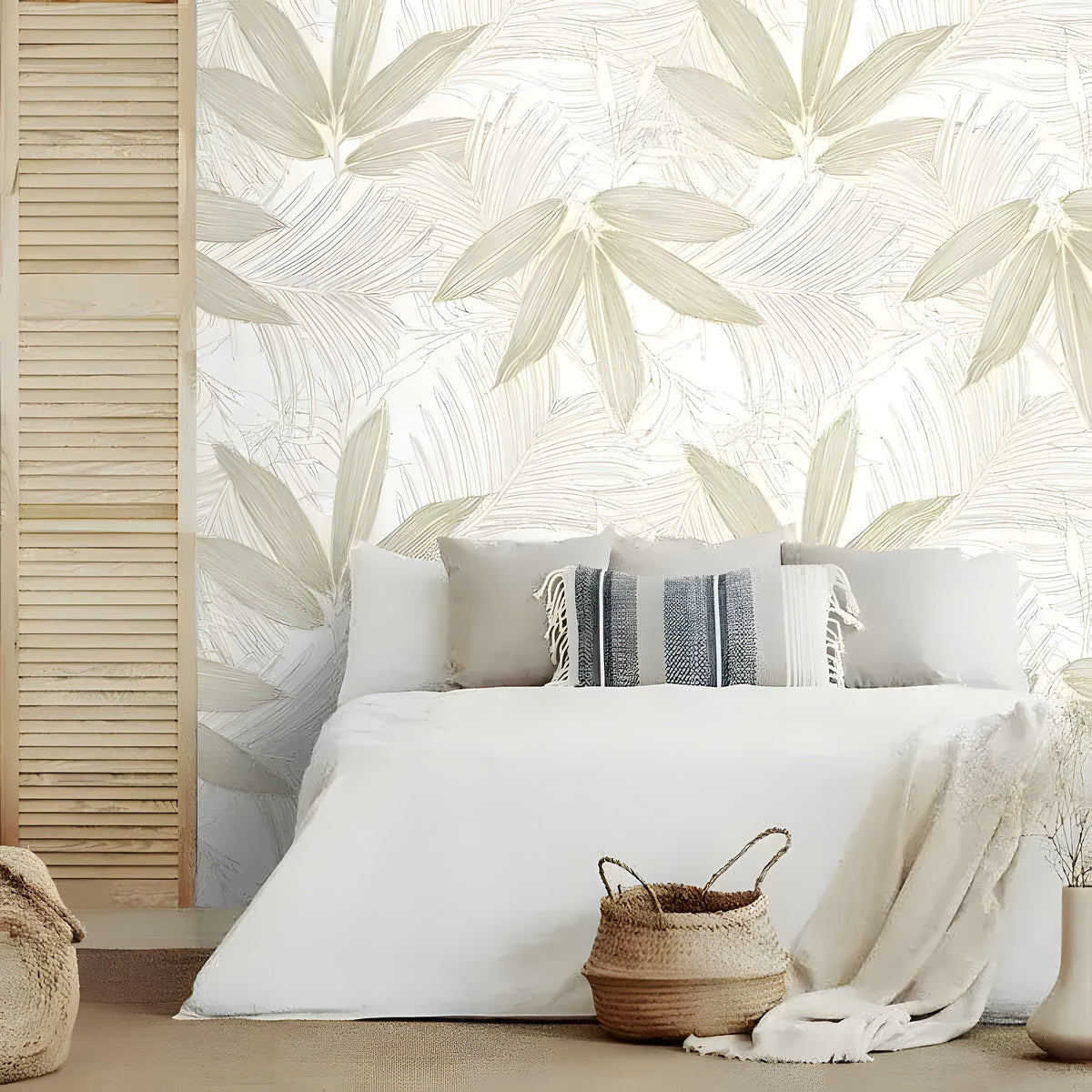 Neutral tropical palm leaves wallpaper with sage line-drawn fronds on white, styled with wood shutter panel and cushions