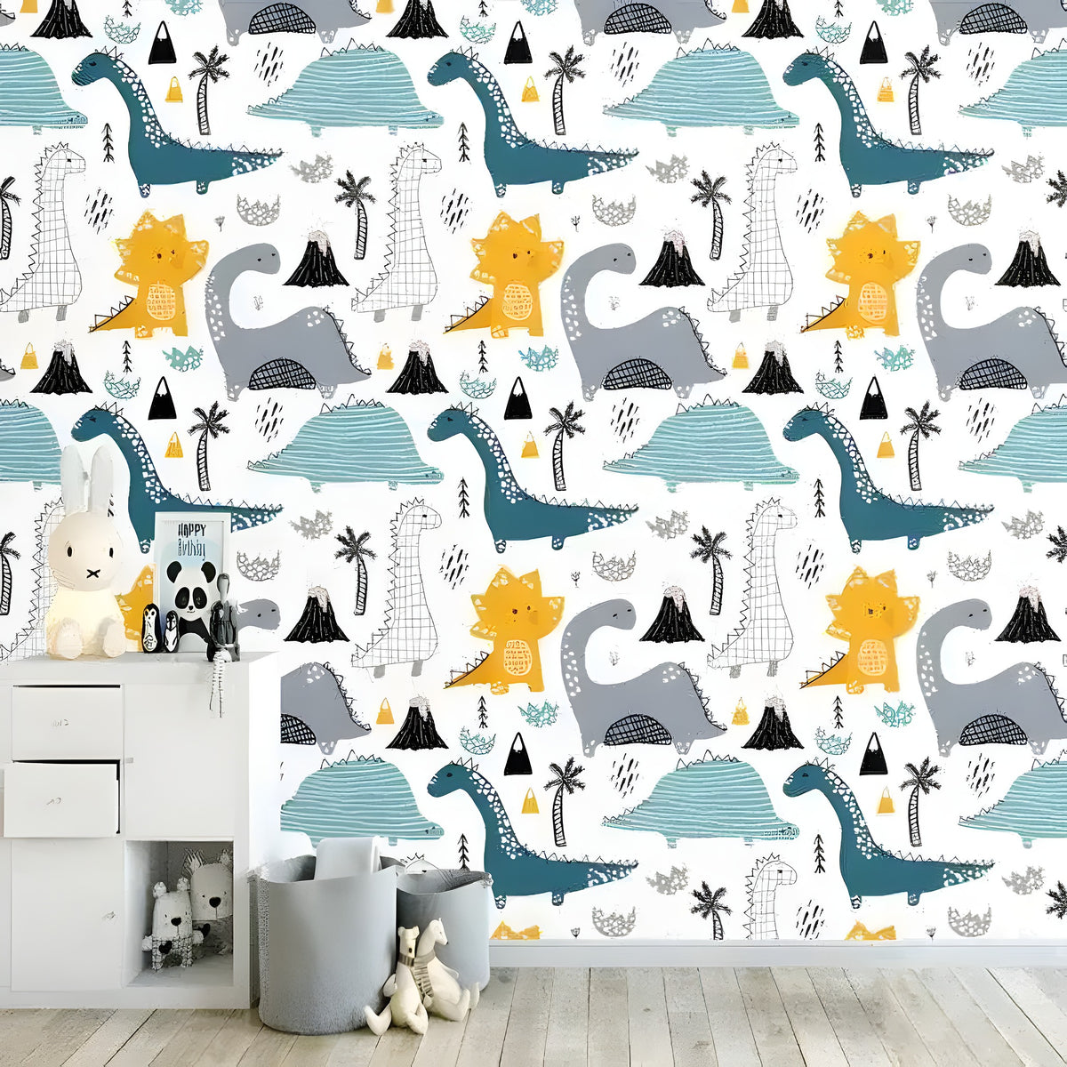 Cartoon dinosaur world wallpaper with teal, blue, and yellow dinos, volcanoes, and palms on white in a nursery