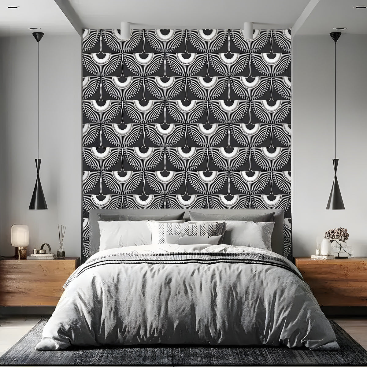 Bedroom with grey bedding and wood nightstands, art deco black cranes wallpaper fan pattern on accent wall strip