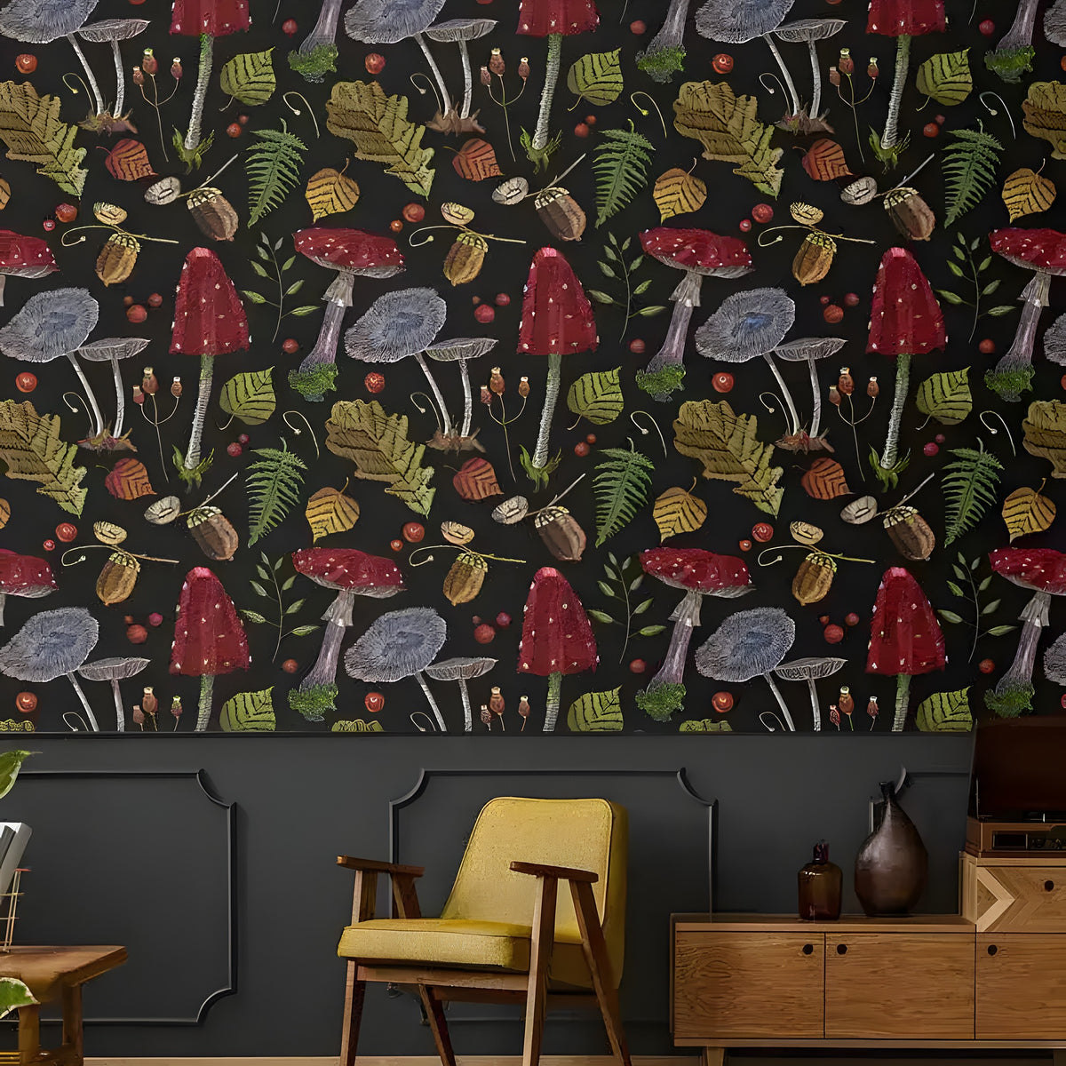 Red Mushrooms in the Dark wallpaper, dark living room with mustard armchair and wood sideboard