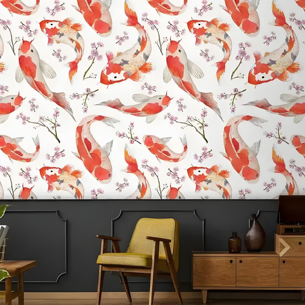 Sakura koi pond wallpaper with red-orange koi fish and pink cherry blossom sprigs on white, in a dark wainscoted room with mid-century chair