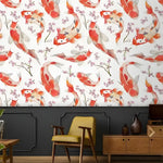 Sakura koi pond wallpaper with red-orange koi fish and pink cherry blossom sprigs on white, in a dark wainscoted room with mid-century chair