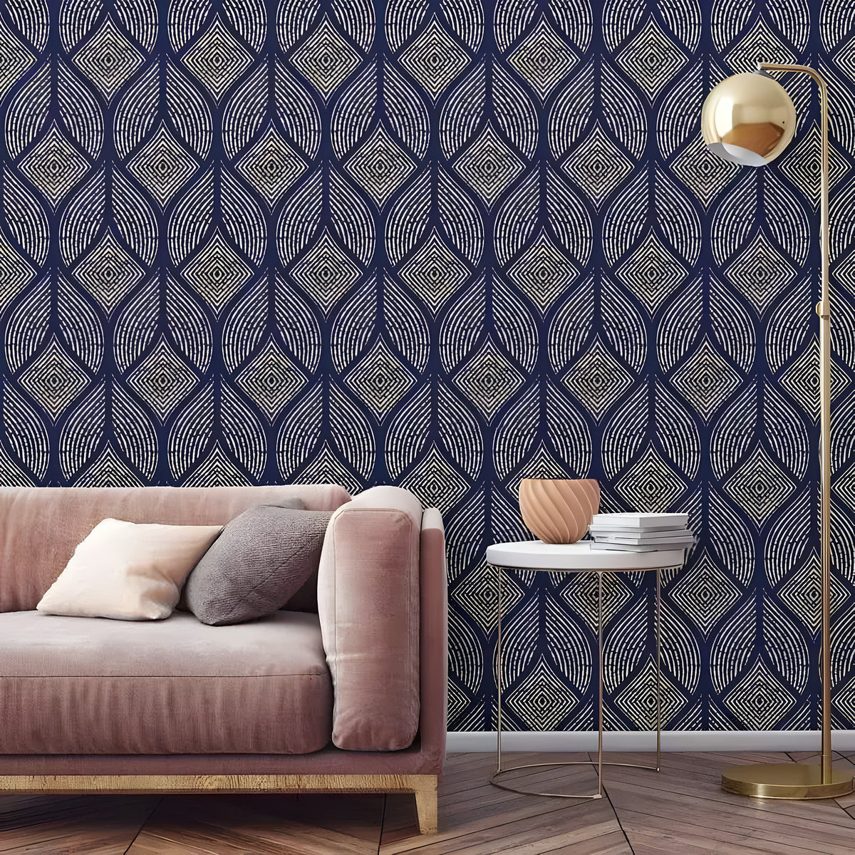Navy background with large cream and white palm fronds wallpaper behind cream upholstered bed and gold circular nightstands