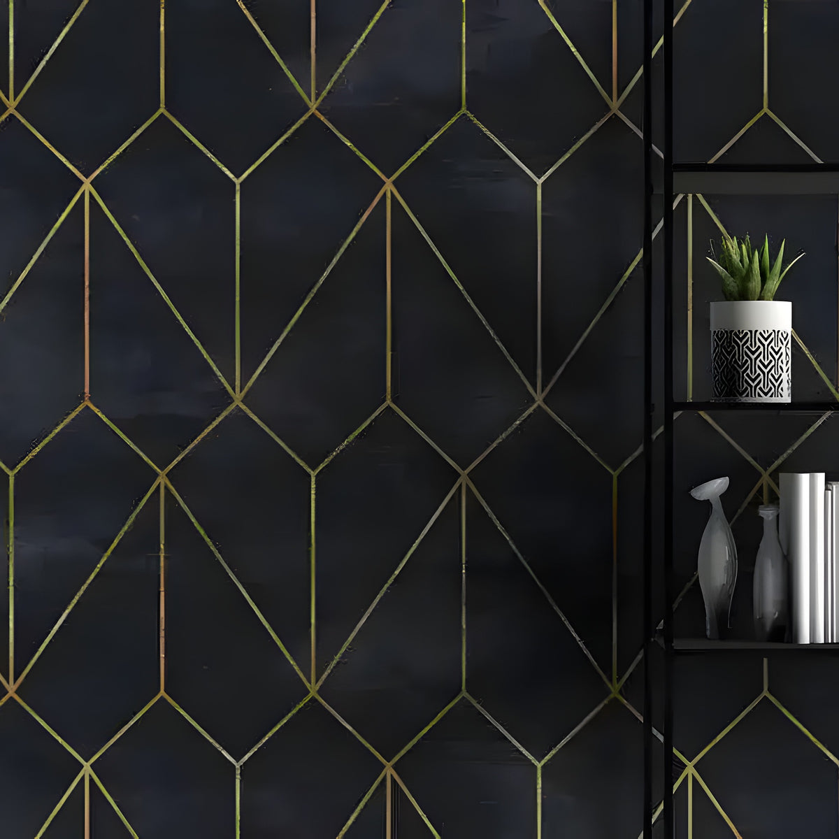Dark gold art deco geometric wallpaper with diamond and hexagon lines on navy, styled with a bookshelf