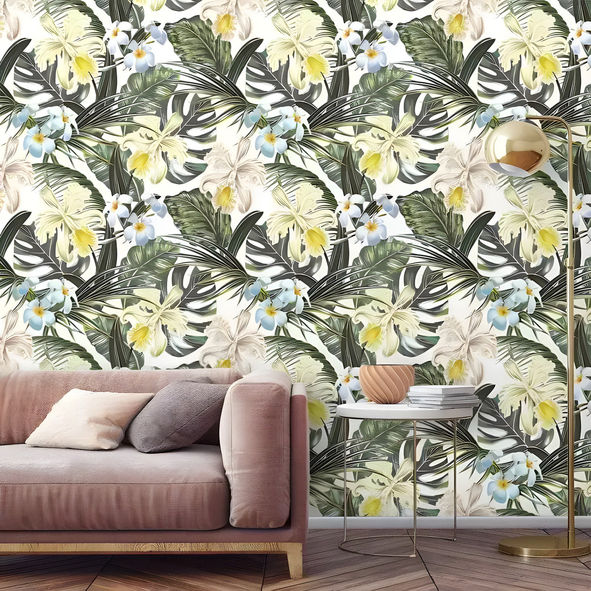 Living room with pink sofa and marble table; hawaiian tropical floral and monstera wallpaper with green leaves and white plumeria