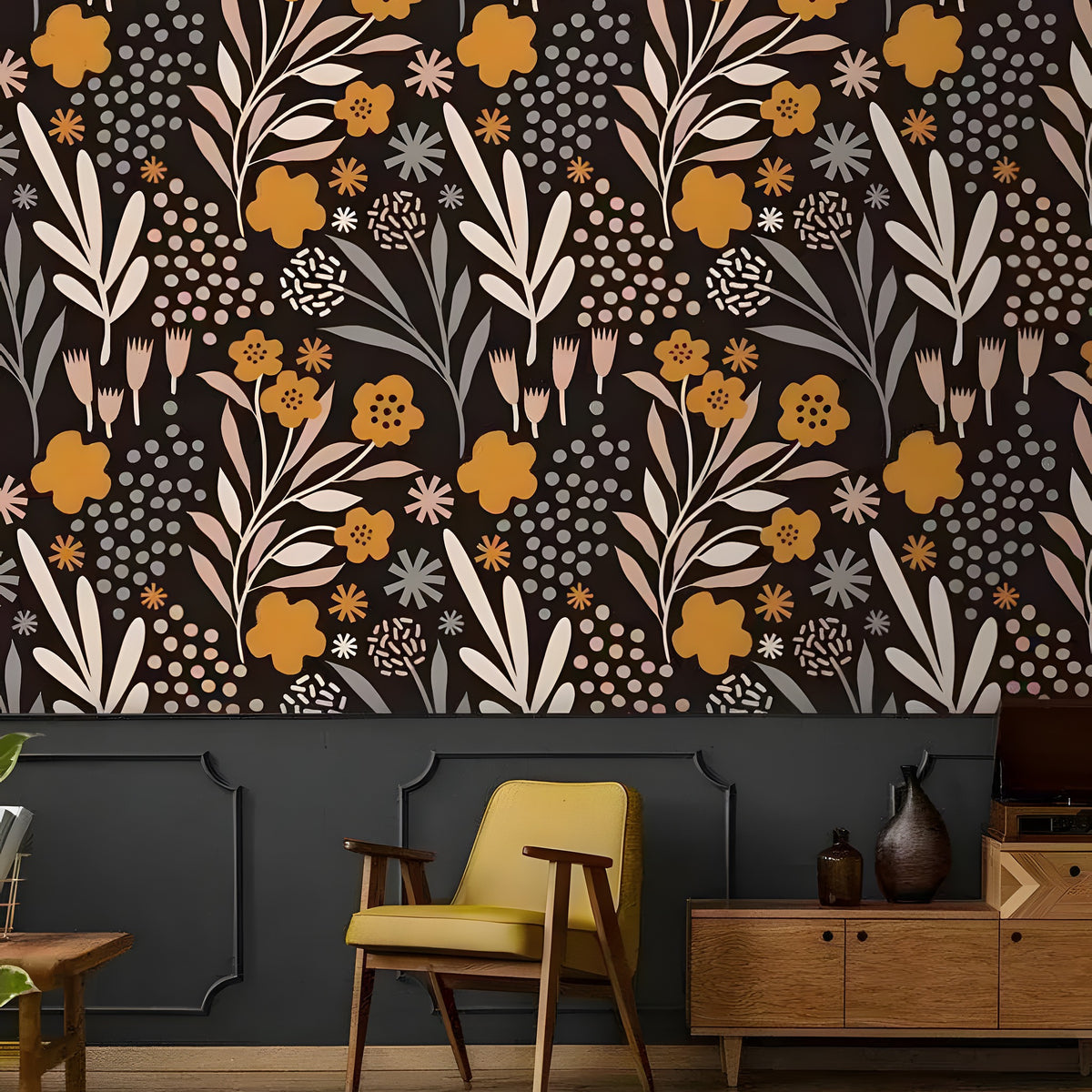 Dark modern drawing yellow floral wallpaper above dark paneling behind mustard retro chair and oak sideboard in vintage living room